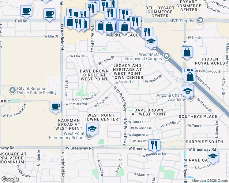 map of restaurants, bars, coffee shops, grocery stores, and more near 16093 North 135th Drive in Surprise