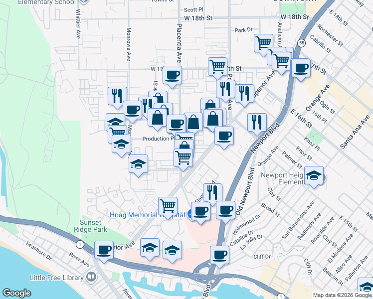 map of restaurants, bars, coffee shops, grocery stores, and more near 1544 Placentia Avenue in Newport Beach