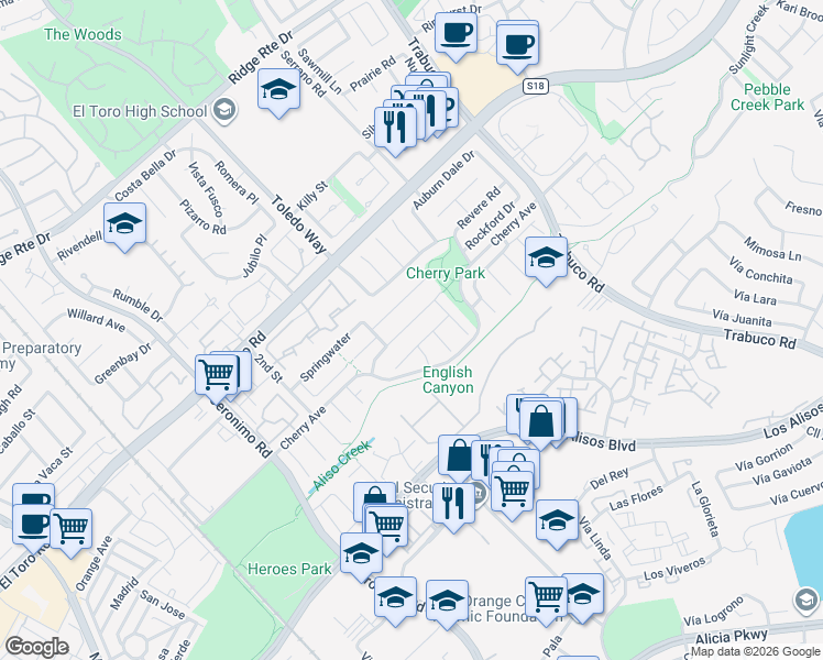 map of restaurants, bars, coffee shops, grocery stores, and more near 22876 Cedarspring in Lake Forest