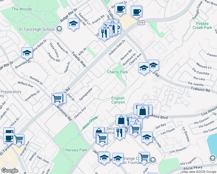 map of restaurants, bars, coffee shops, grocery stores, and more near 22876 Cedarspring in Lake Forest