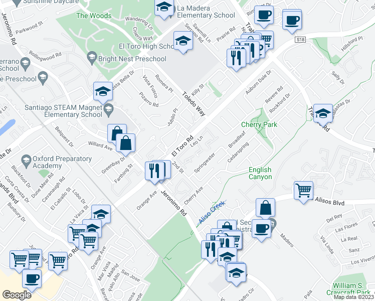 map of restaurants, bars, coffee shops, grocery stores, and more near 22896 Leo Lane in Lake Forest