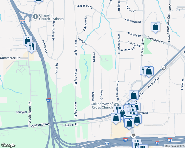 map of restaurants, bars, coffee shops, grocery stores, and more near 4625 Kent Road in College Park