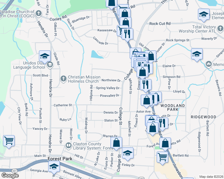 map of restaurants, bars, coffee shops, grocery stores, and more near 849 Spring Valley Drive in Forest Park