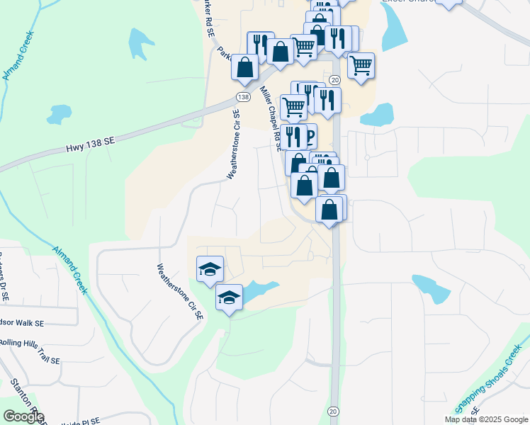 map of restaurants, bars, coffee shops, grocery stores, and more near 2105 Boxwood Circle in Conyers