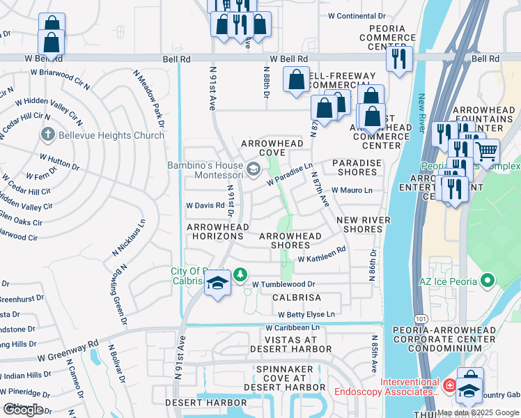 map of restaurants, bars, coffee shops, grocery stores, and more near 8930 West Lockland Court in Peoria