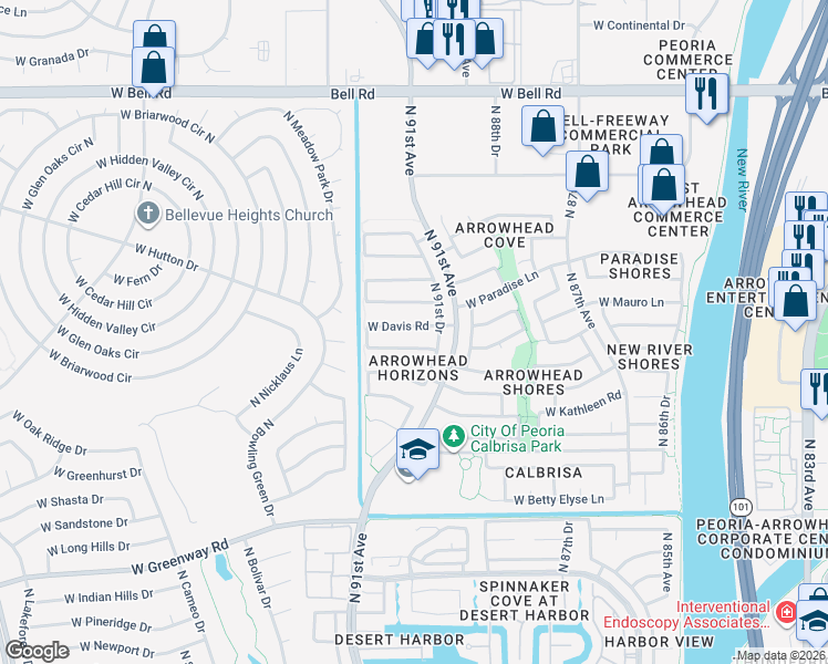 map of restaurants, bars, coffee shops, grocery stores, and more near 9158 West Lockland Court in Peoria