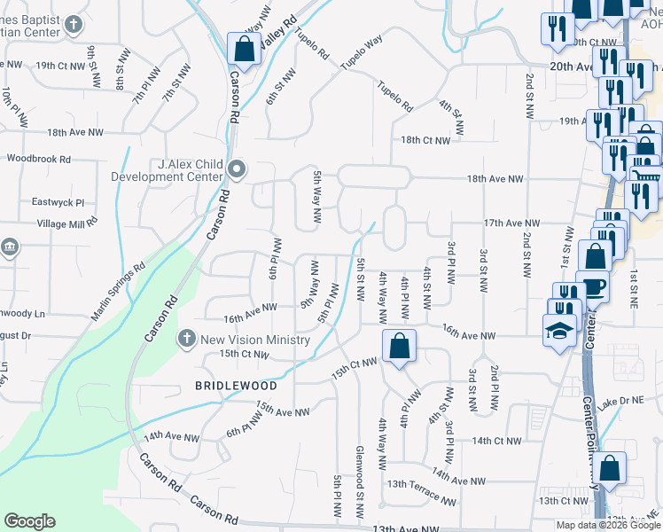 map of restaurants, bars, coffee shops, grocery stores, and more near 1656 5th Place Northwest in Center Point