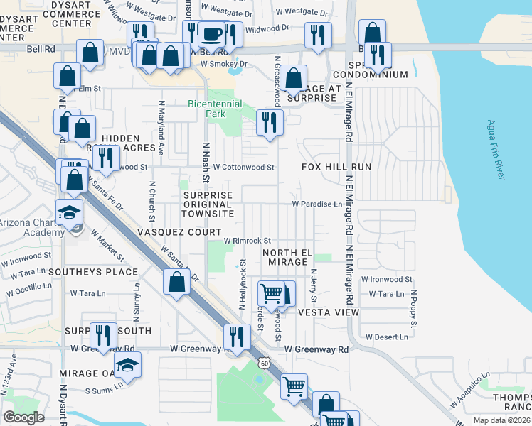 map of restaurants, bars, coffee shops, grocery stores, and more near 16026 North Verde Street in Surprise