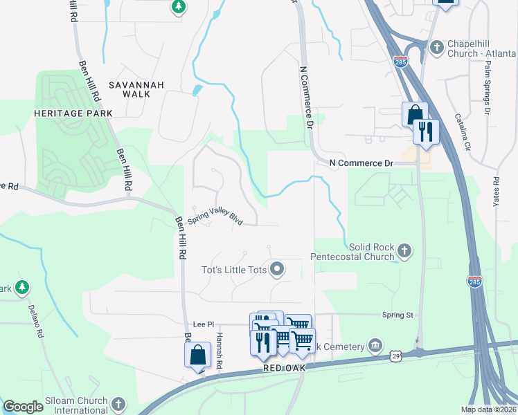 map of restaurants, bars, coffee shops, grocery stores, and more near 4615 Spring Valley Parkway in College Park