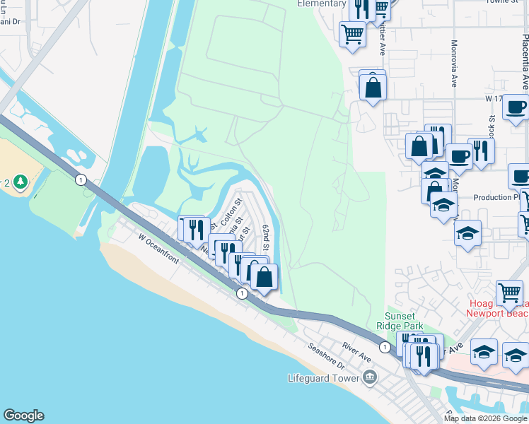 map of restaurants, bars, coffee shops, grocery stores, and more near 448 62nd Street in Newport Beach