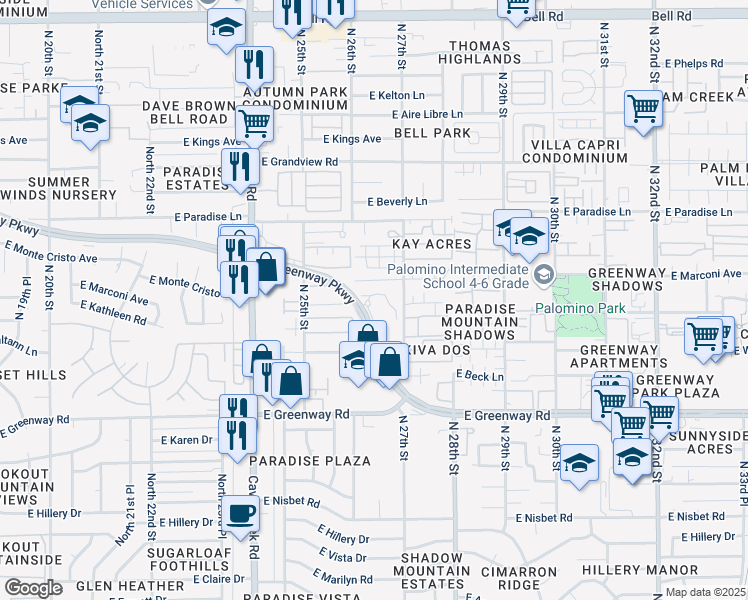 map of restaurants, bars, coffee shops, grocery stores, and more near 2606 East Greenway Parkway in Phoenix