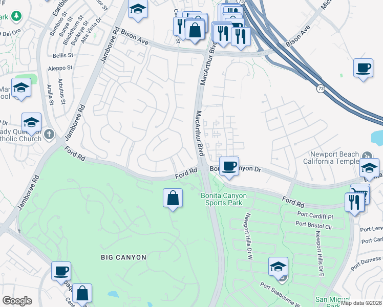 map of restaurants, bars, coffee shops, grocery stores, and more near 4 Huntington Court in Newport Beach