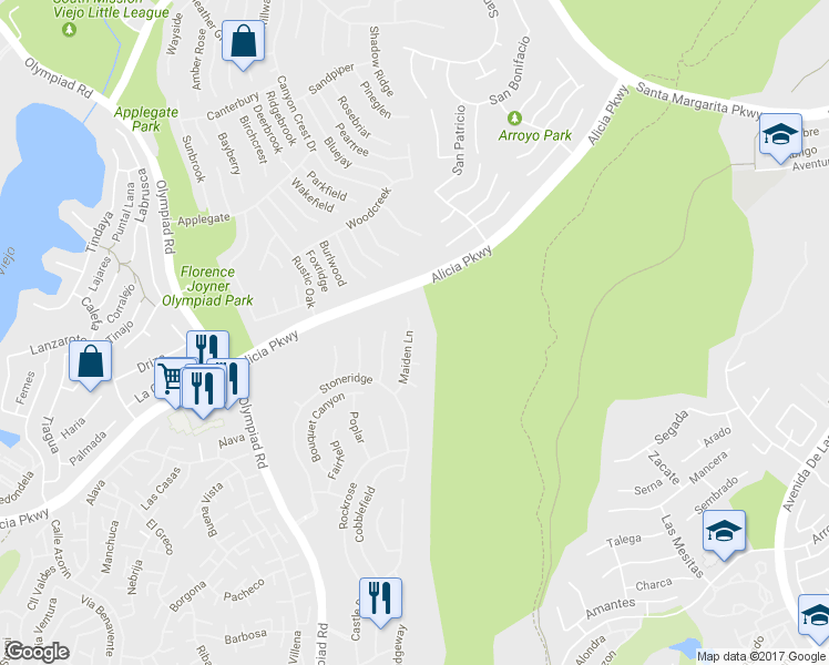 map of restaurants, bars, coffee shops, grocery stores, and more near 22816 Maiden Lane in Mission Viejo