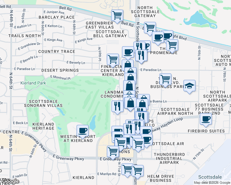 map of restaurants, bars, coffee shops, grocery stores, and more near 15802 North 71st Street in Scottsdale