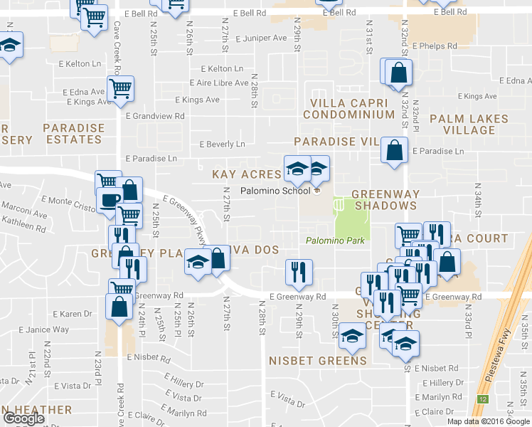 map of restaurants, bars, coffee shops, grocery stores, and more near 2826 East Tracy Lane in Phoenix