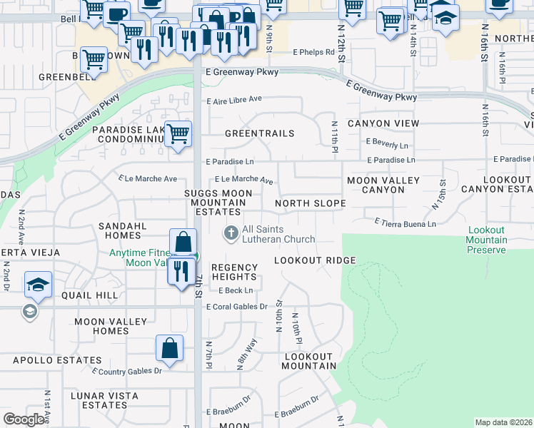 map of restaurants, bars, coffee shops, grocery stores, and more near 15814 North 9th Place in Phoenix