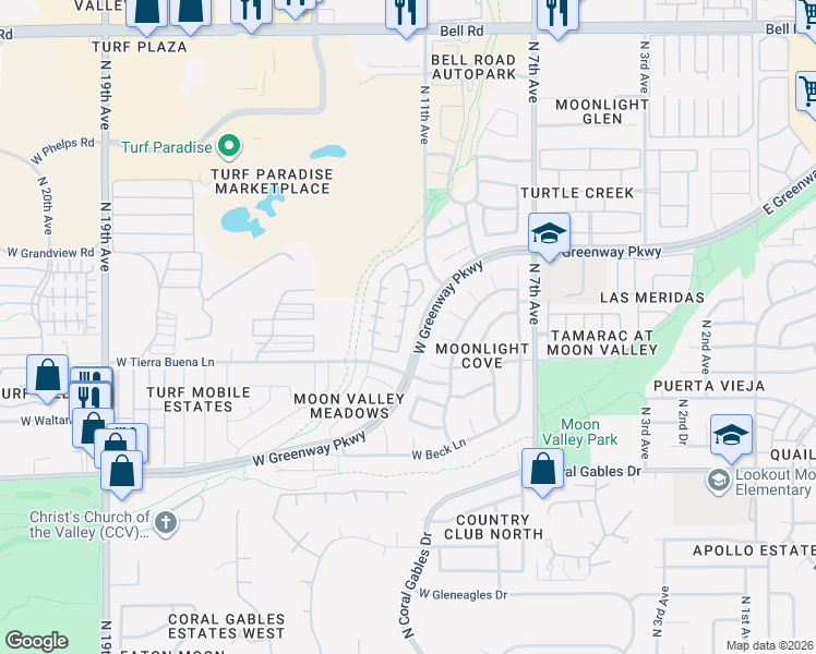 map of restaurants, bars, coffee shops, grocery stores, and more near 16036 North 11th Avenue in Phoenix