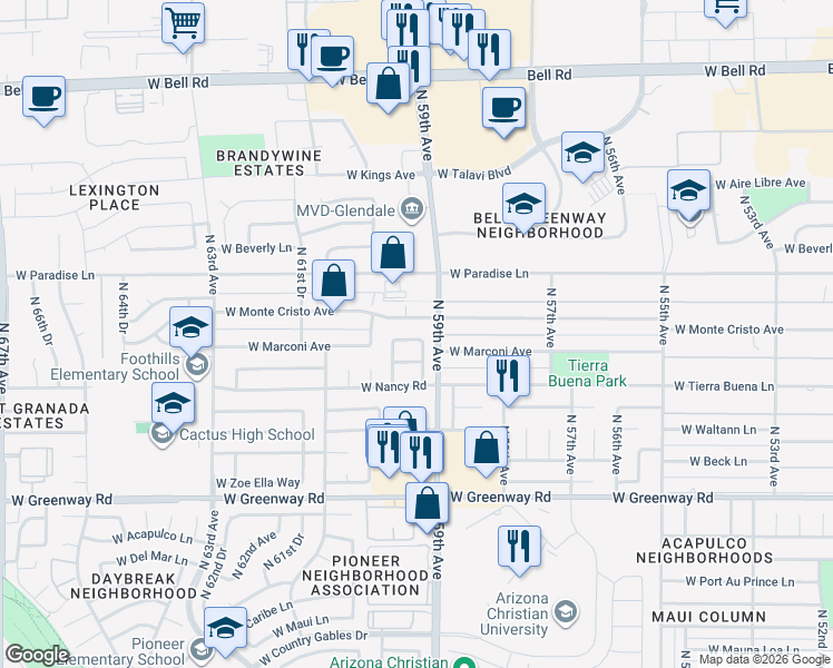 map of restaurants, bars, coffee shops, grocery stores, and more near 5909 West Kathleen Road in Glendale