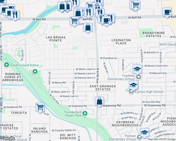 map of restaurants, bars, coffee shops, grocery stores, and more near 6742 West Wanda Lynn Lane in Peoria