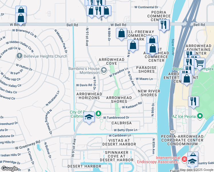 map of restaurants, bars, coffee shops, grocery stores, and more near 8930 West Lockland Court in Peoria