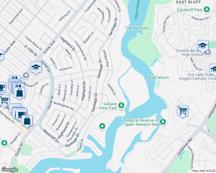 map of restaurants, bars, coffee shops, grocery stores, and more near 1465 Galaxy Drive in Newport Beach