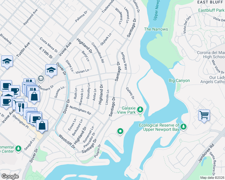 map of restaurants, bars, coffee shops, grocery stores, and more near 1606 Lincoln Lane in Newport Beach