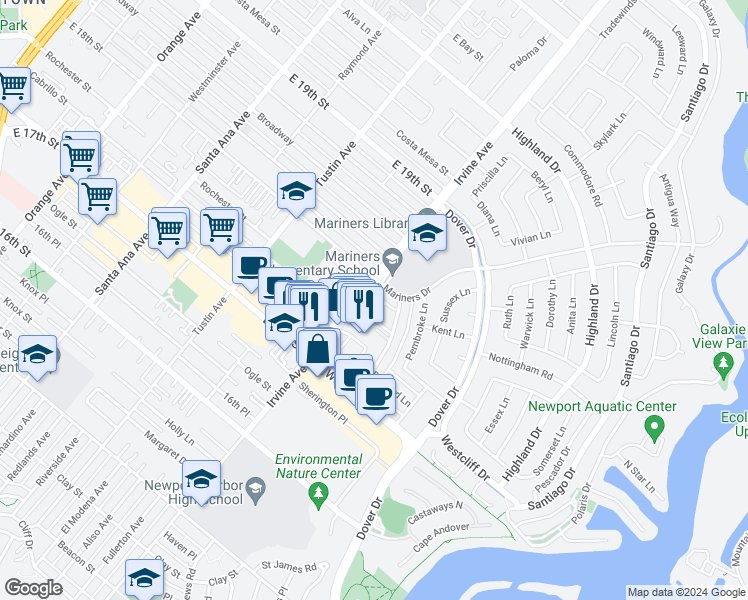 map of restaurants, bars, coffee shops, grocery stores, and more near 1200 Irvine Avenue in Newport Beach