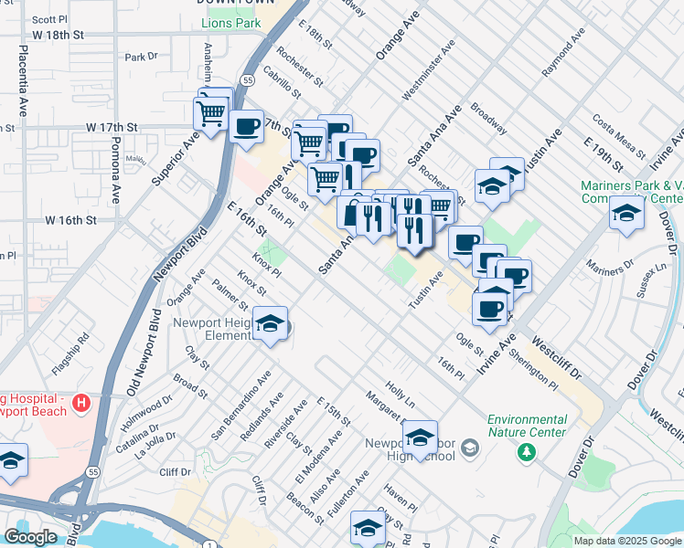 map of restaurants, bars, coffee shops, grocery stores, and more near 335 16th Place in Costa Mesa
