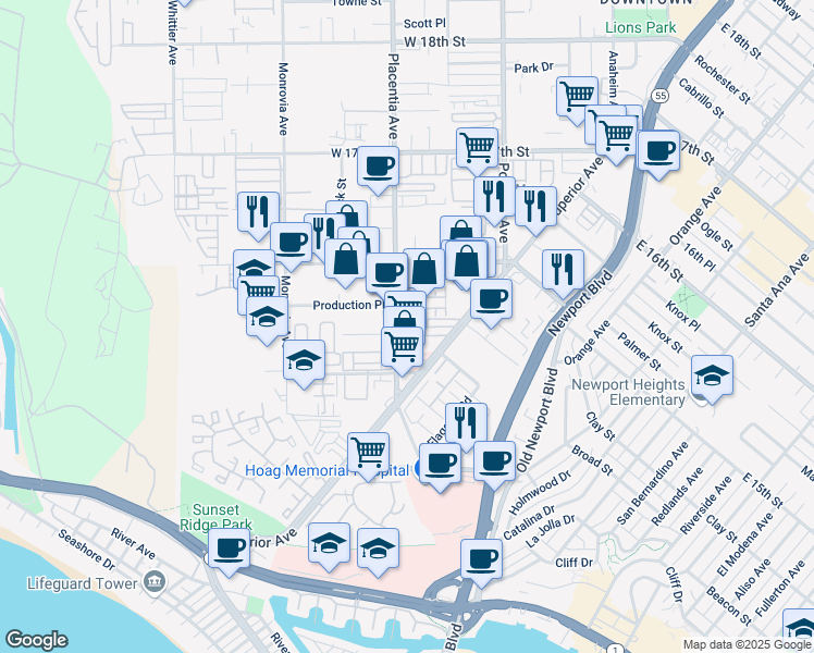 map of restaurants, bars, coffee shops, grocery stores, and more near 1530 Placentia Avenue in Newport Beach