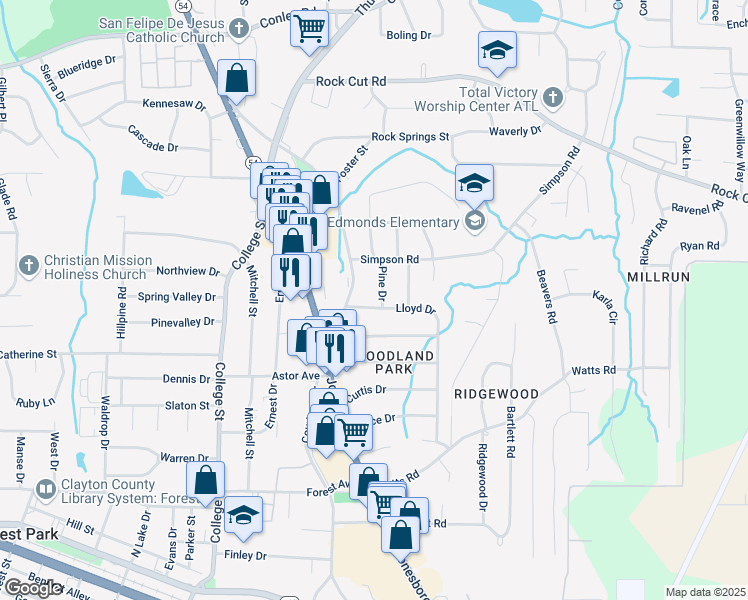 map of restaurants, bars, coffee shops, grocery stores, and more near 1088 Lloyd Drive in Forest Park