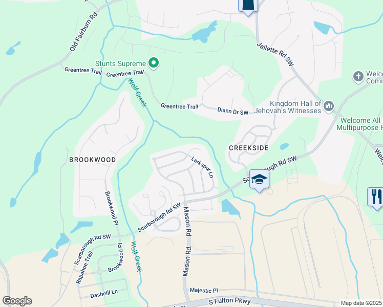 map of restaurants, bars, coffee shops, grocery stores, and more near 4987 Larkspur Lane in Atlanta