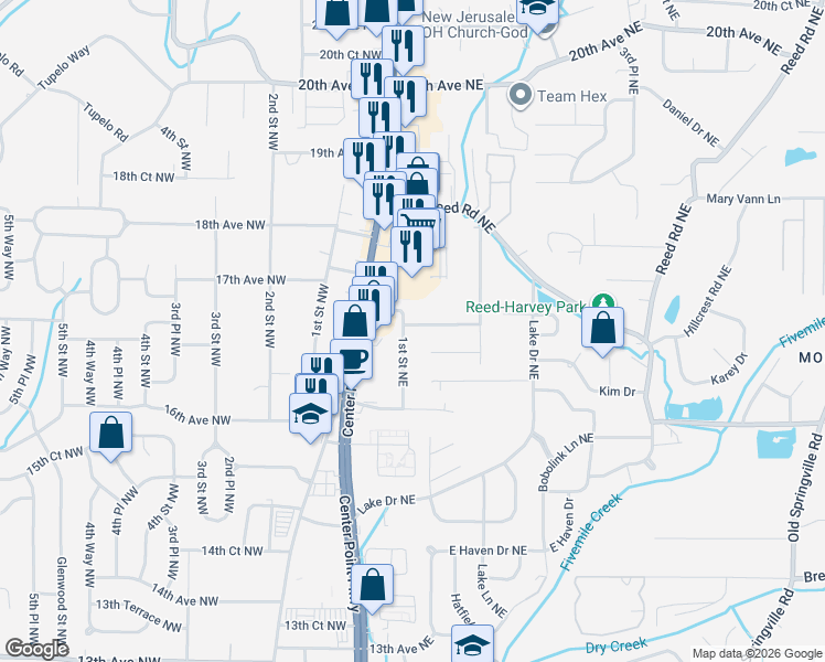map of restaurants, bars, coffee shops, grocery stores, and more near 1632 1st Street Northeast in Center Point