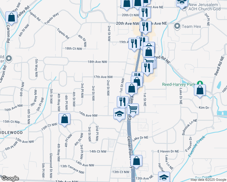 map of restaurants, bars, coffee shops, grocery stores, and more near 1641 2nd Street Northwest in Center Point