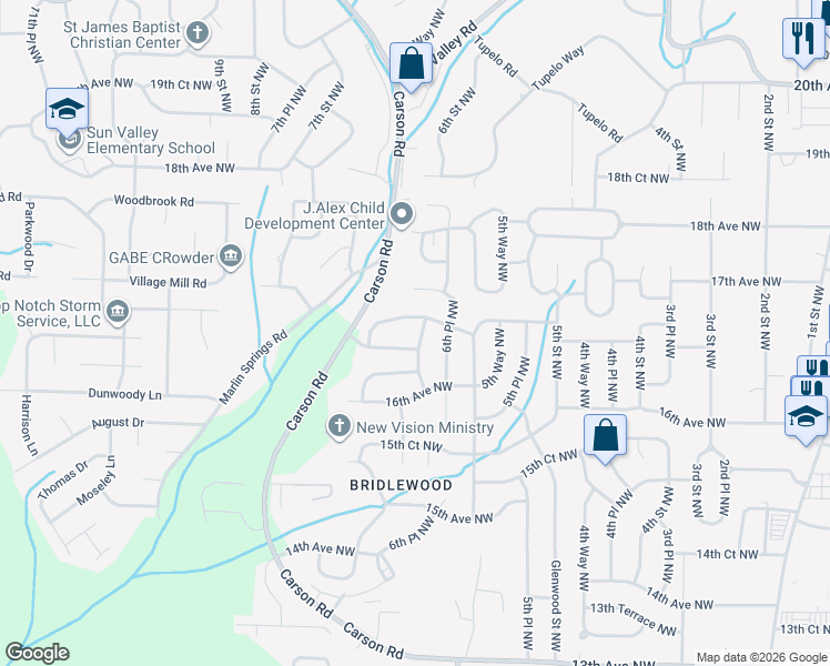 map of restaurants, bars, coffee shops, grocery stores, and more near 1621 6th Way Northwest in Center Point