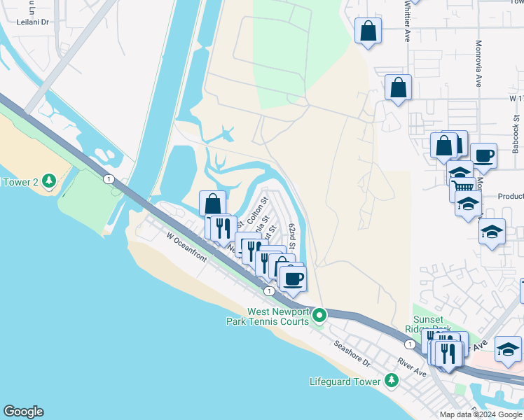 map of restaurants, bars, coffee shops, grocery stores, and more near 412 Colton Street in Newport Beach