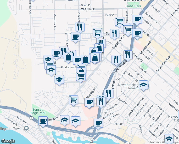map of restaurants, bars, coffee shops, grocery stores, and more near 1525 Superior Avenue in Newport Beach