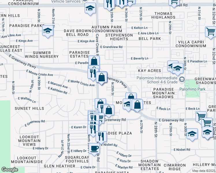 map of restaurants, bars, coffee shops, grocery stores, and more near 15818 North 25th Street in Phoenix