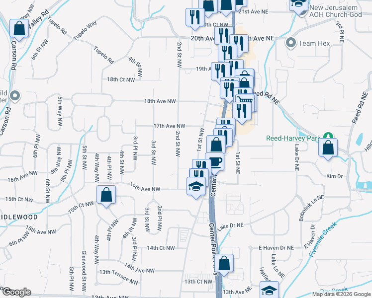 map of restaurants, bars, coffee shops, grocery stores, and more near 1641 2nd Street Northwest in Center Point