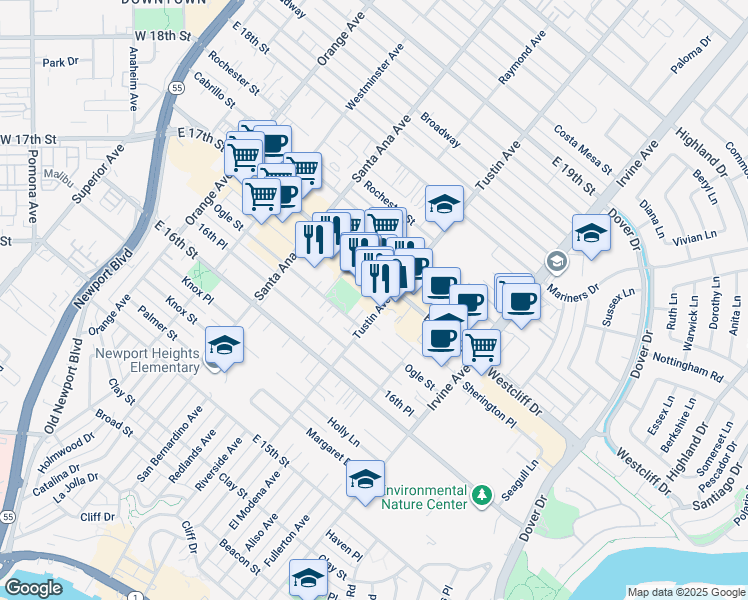 map of restaurants, bars, coffee shops, grocery stores, and more near 1659 Tustin Avenue in Costa Mesa