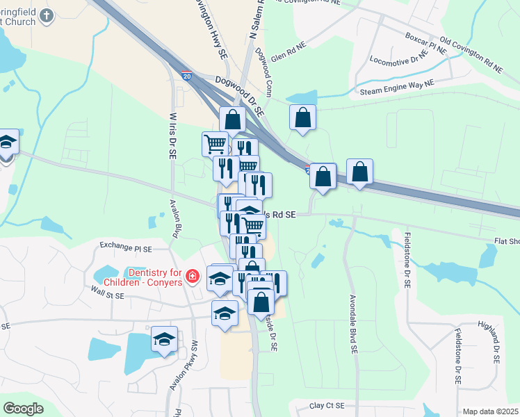map of restaurants, bars, coffee shops, grocery stores, and more near Unnamed Road in Conyers