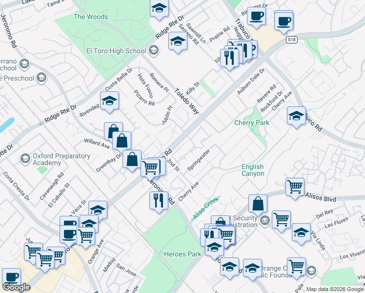 map of restaurants, bars, coffee shops, grocery stores, and more near 22896 Leo Lane in Lake Forest