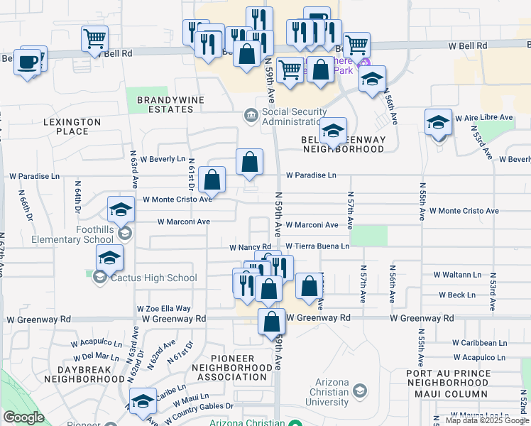 map of restaurants, bars, coffee shops, grocery stores, and more near 5909 West Kathleen Road in Glendale