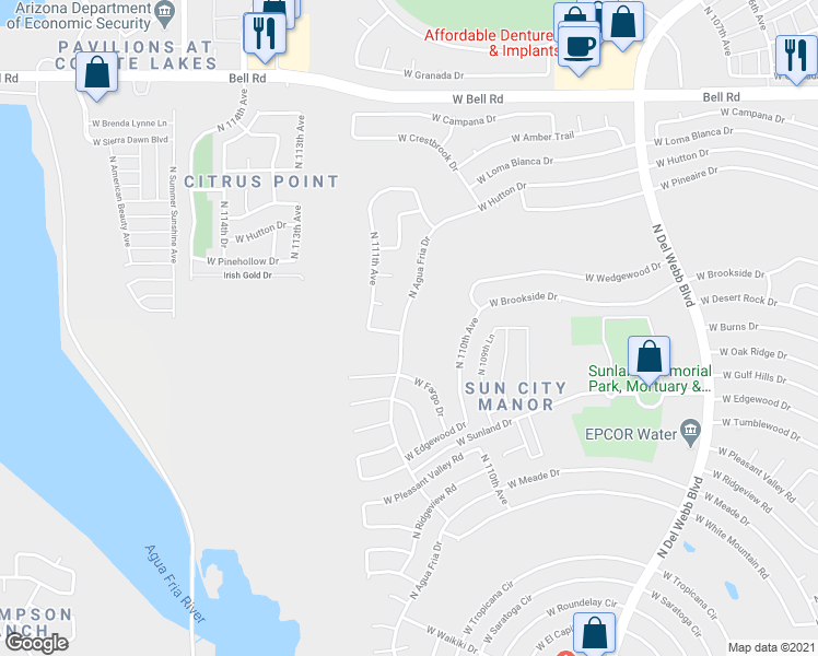 map of restaurants, bars, coffee shops, grocery stores, and more near 16025 North Agua Fria Drive in Sun City