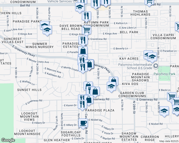 map of restaurants, bars, coffee shops, grocery stores, and more near 15803 North Cave Creek Road in Phoenix