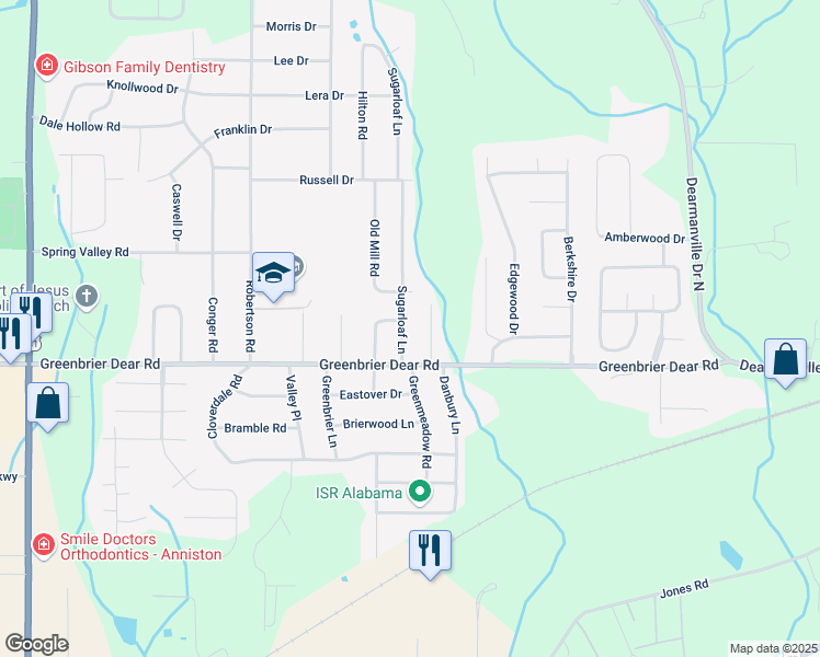 map of restaurants, bars, coffee shops, grocery stores, and more near 1117 Sugarloaf Lane in Anniston