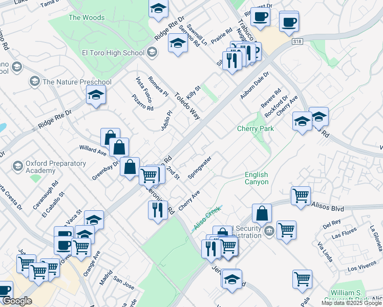 map of restaurants, bars, coffee shops, grocery stores, and more near 22941 Moonstone Lane in Lake Forest