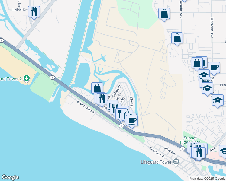 map of restaurants, bars, coffee shops, grocery stores, and more near 401 Canal Street in Newport Beach