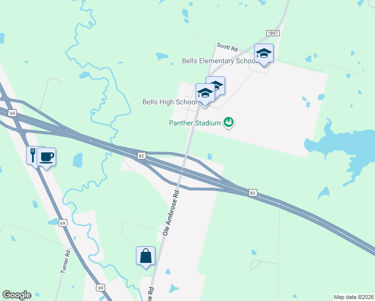 map of restaurants, bars, coffee shops, grocery stores, and more near 1510 Ole Ambrose Road in Bells