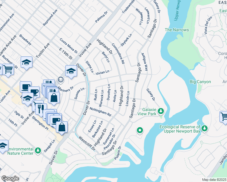 map of restaurants, bars, coffee shops, grocery stores, and more near 1615 Anita Lane in Newport Beach