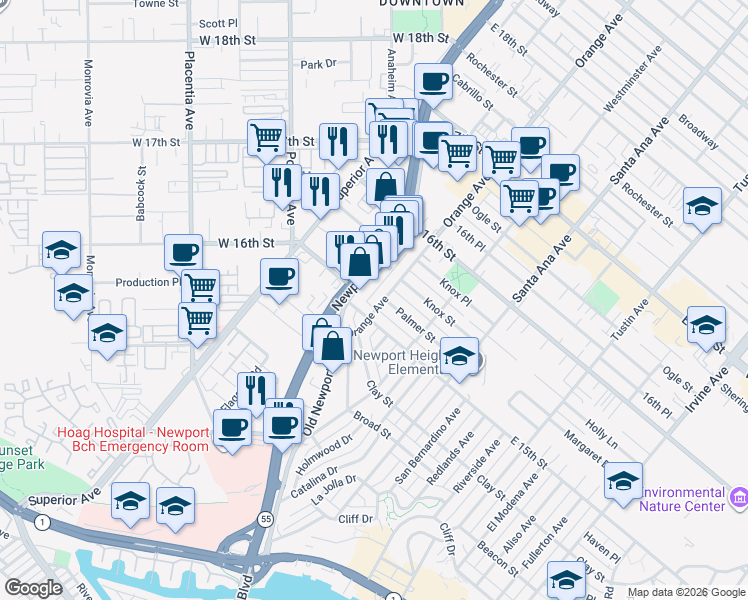 map of restaurants, bars, coffee shops, grocery stores, and more near 1513 Orange Avenue in Costa Mesa